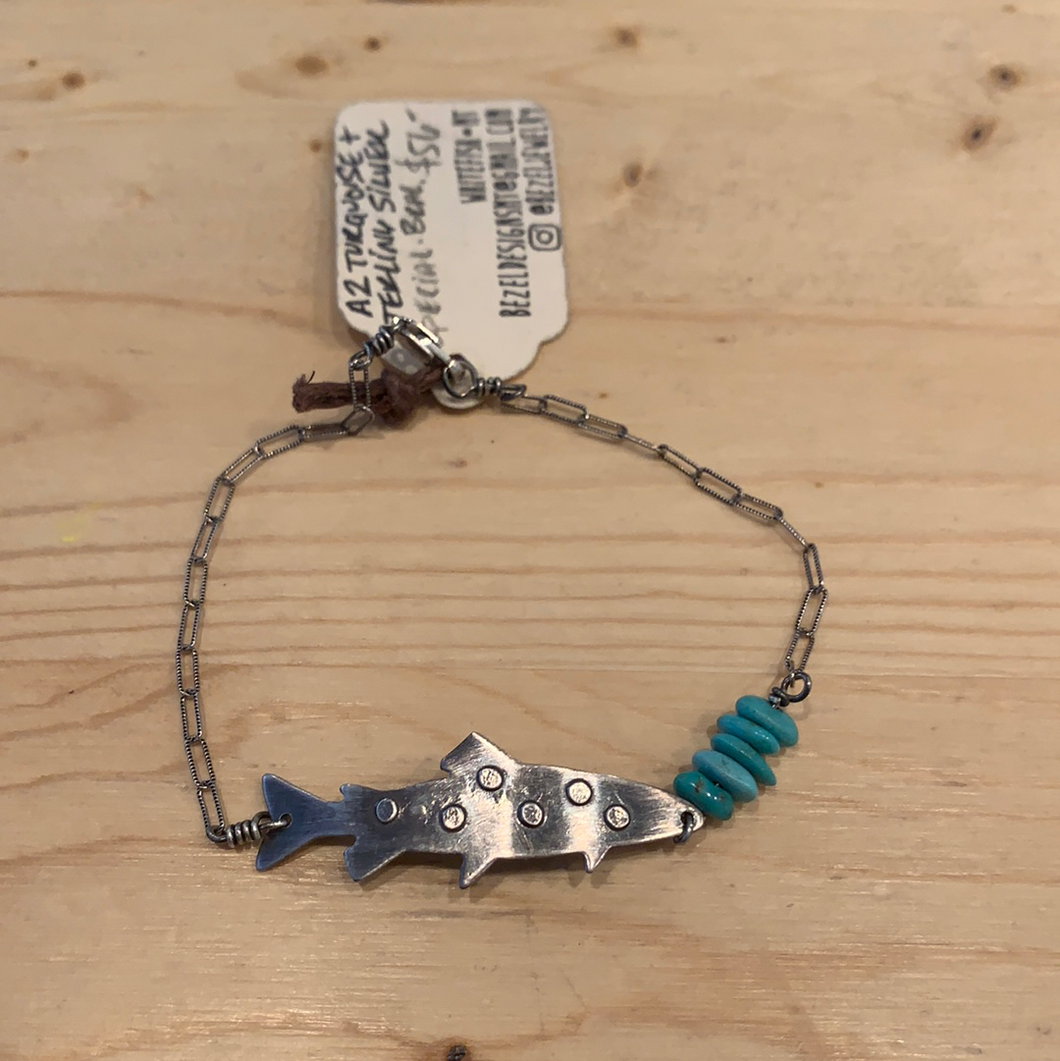 Turquoise and Oxidized sterling trout bracelet SPECIAL-BRAC
